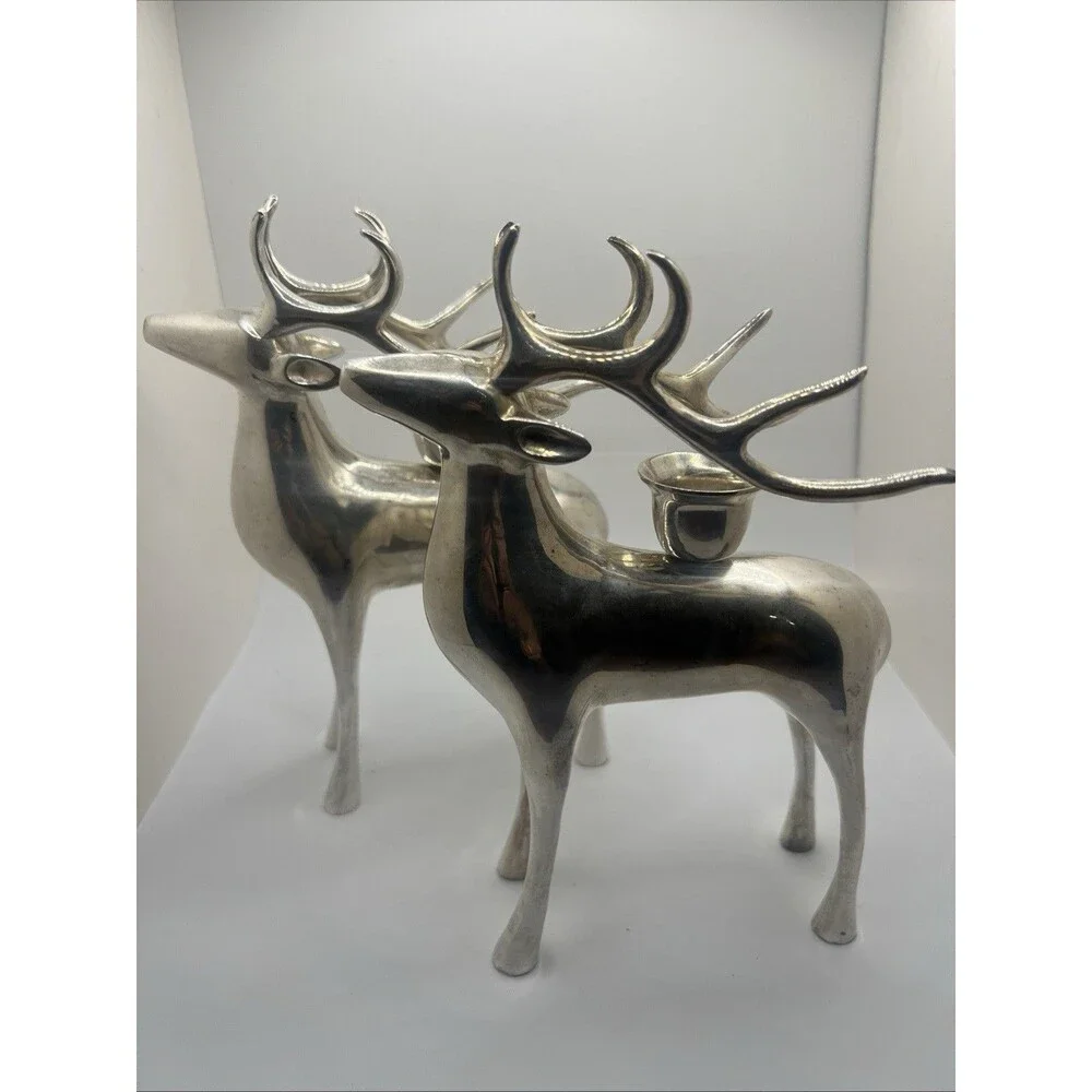 Set 2, Pottery Barn Silver Plate Reindeer Taper Candle Holder Christmas Heavy 8”